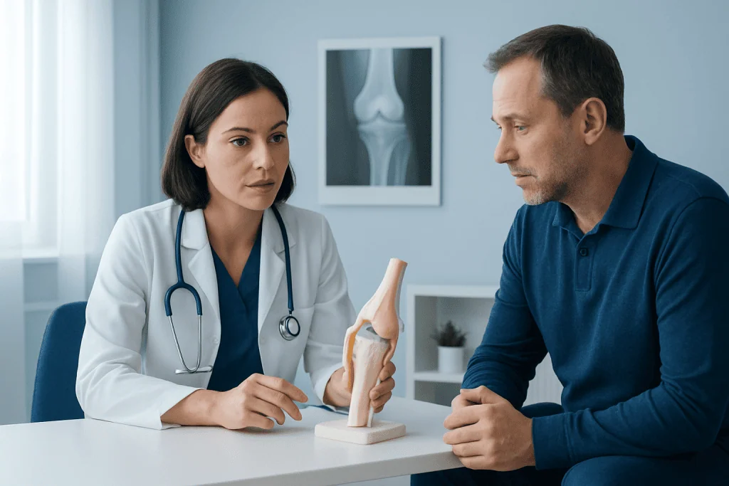 Orthopedic consultation with a doctor explaining knee joint model to a patient.