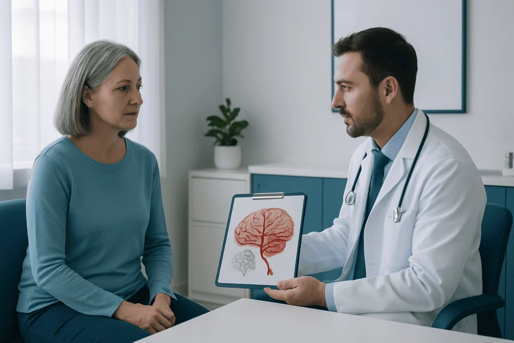 Doctor explaining brain AVM to patient with diagram.