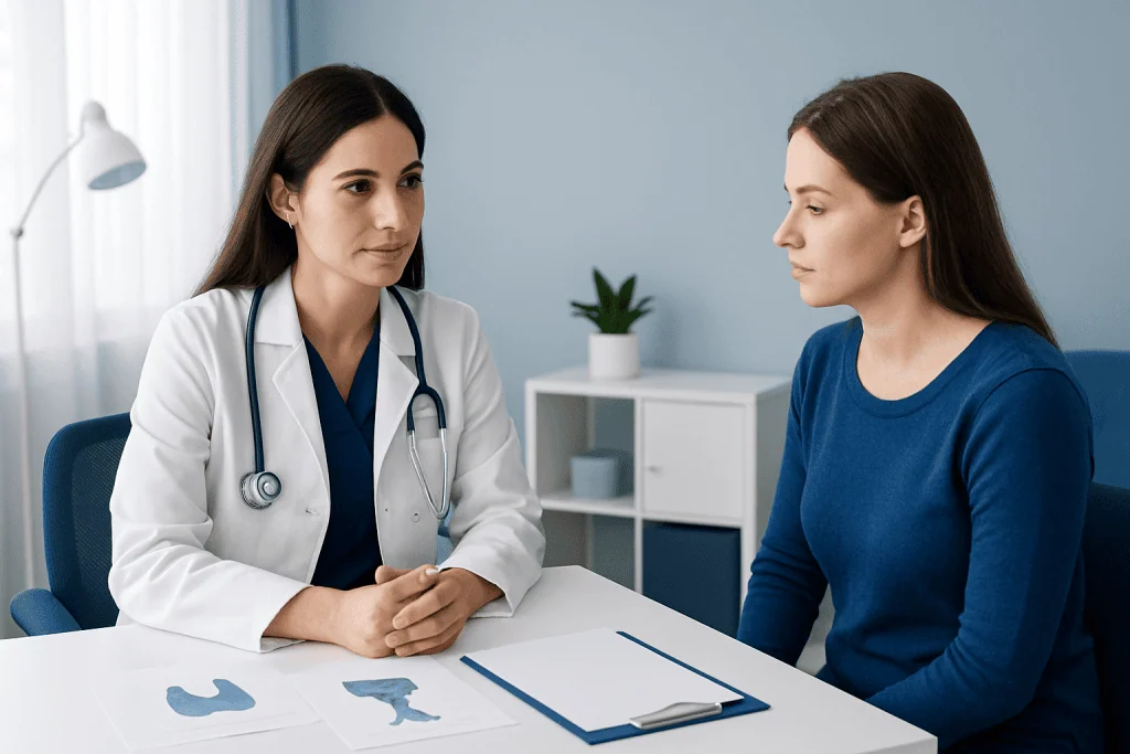 Doctor consulting patient about thyroid and prolactin testing for IVF.