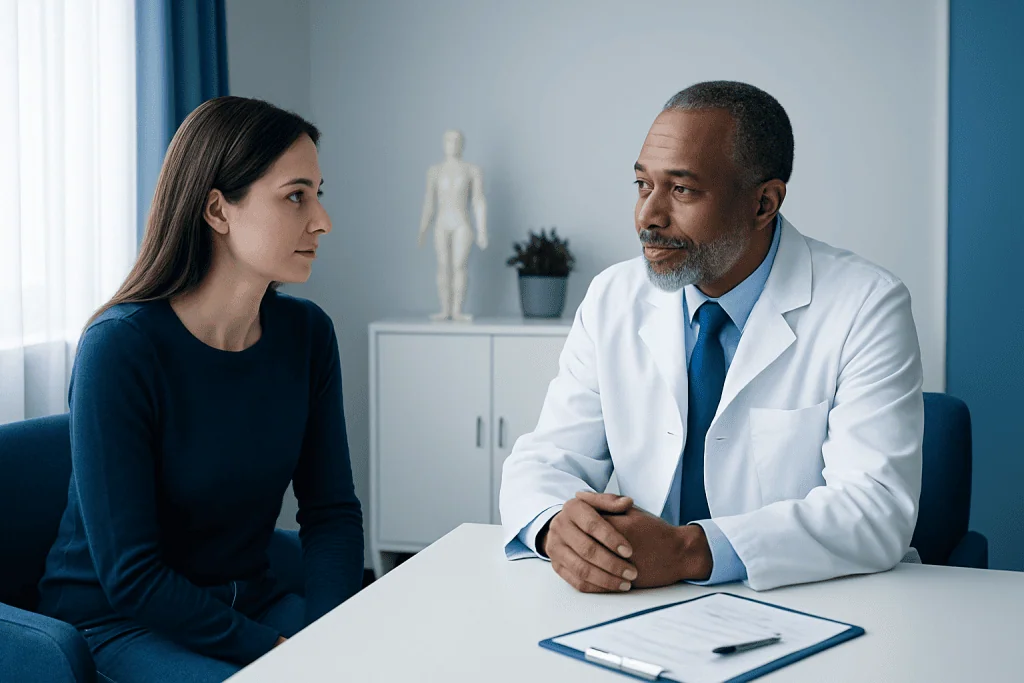 Doctor consulting with a young woman in a medical office setting.