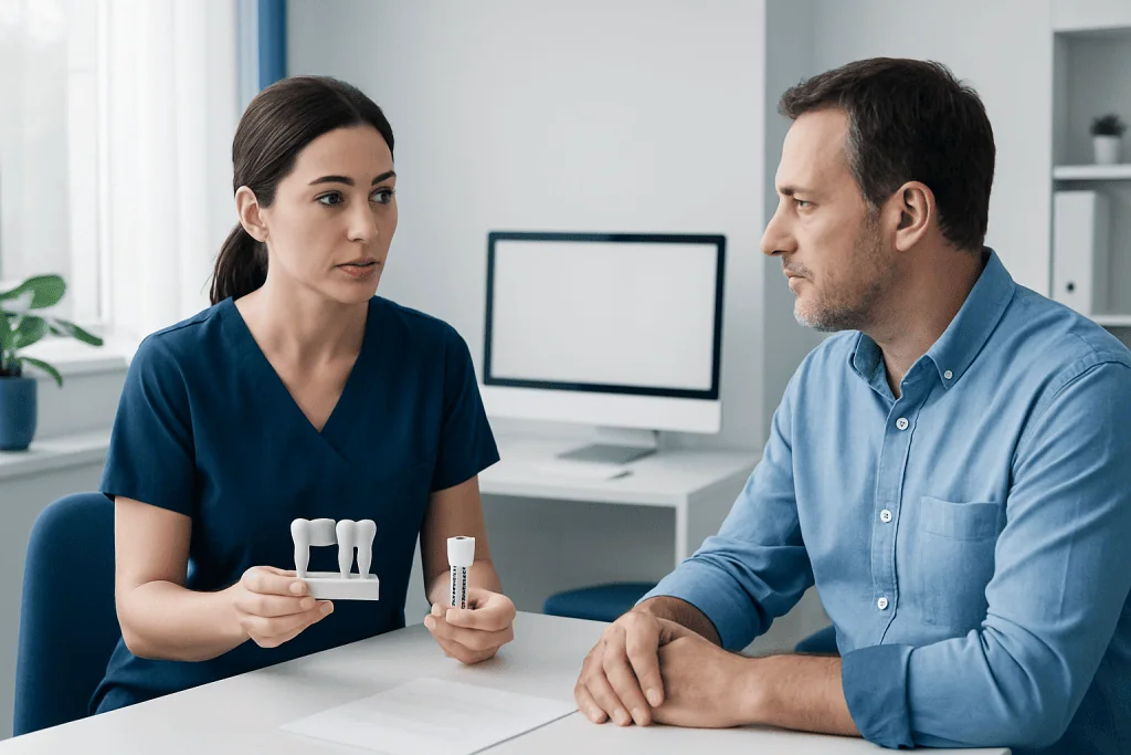 Dentist explaining dental implant options to patient in clinic.