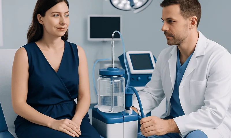 Doctor explains breast fat transfer options to patient in clinic.