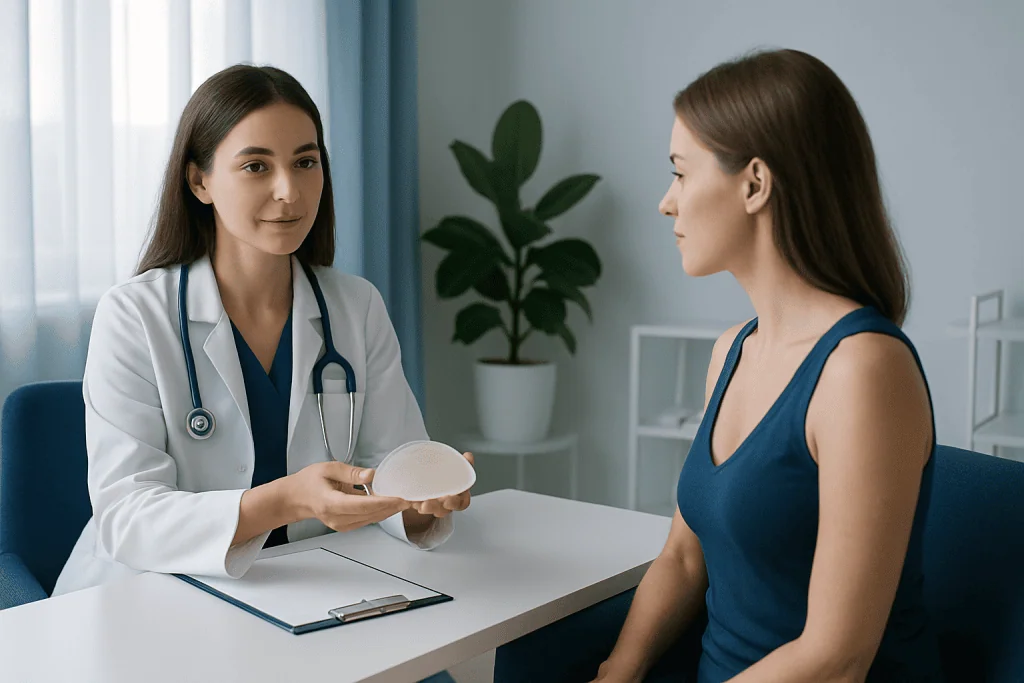 Doctor explaining breast fat transfer options to patient in consultation room.