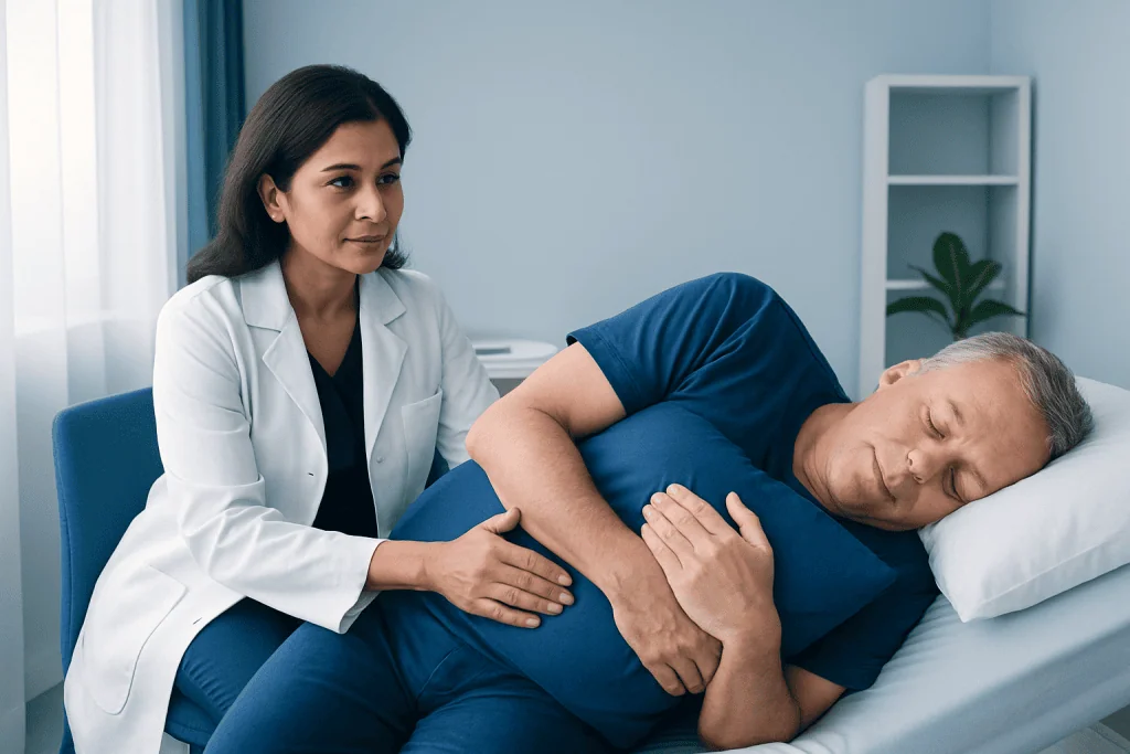 Doctor examining a patient after heart bypass surgery in a hospital room.