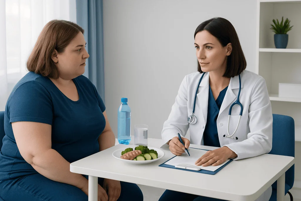 Doctor consulting with a patient about post-bariatric surgery care.