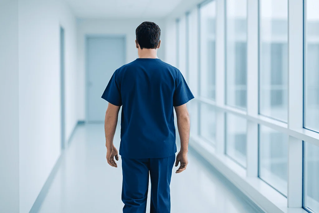 PSA Cancer Blood Test: Here’s What You Need to Know 1 Healthcare professional walking in hospital corridor with large windows.
