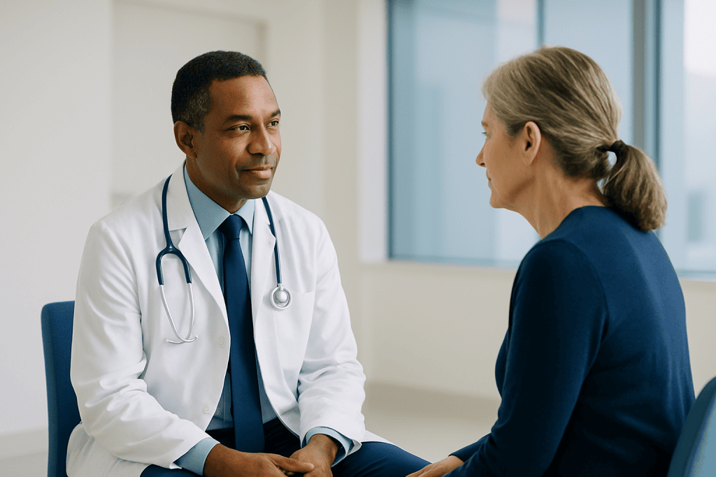 Psychotherapy 1 Doctor consulting with a patient in a modern medical office.