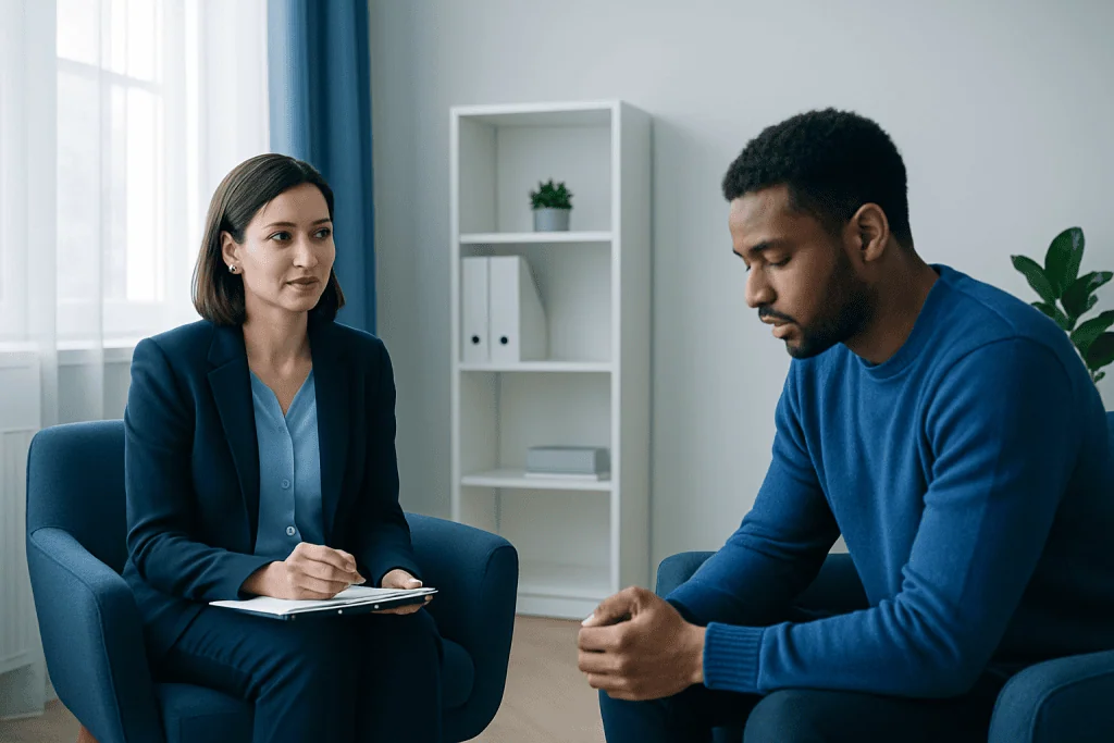 Therapist and patient in a counseling session at Acibadem Hospitals Group.