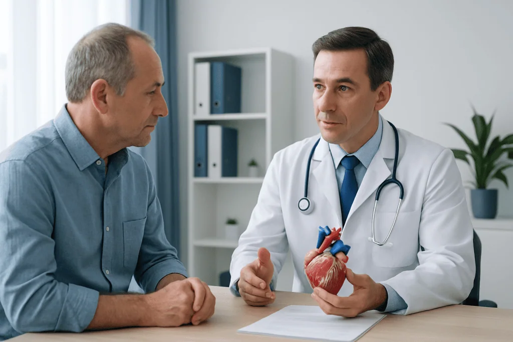 Cardiologist explaining heart health to patient in a clinic setting.