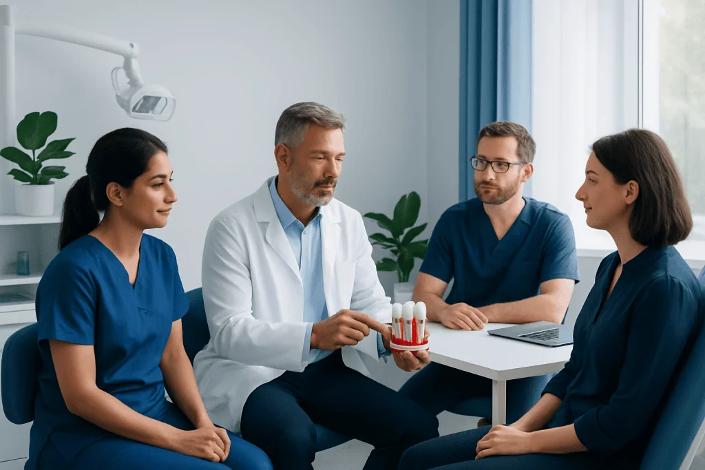Dentist explaining dental implants to patients in a clinic.