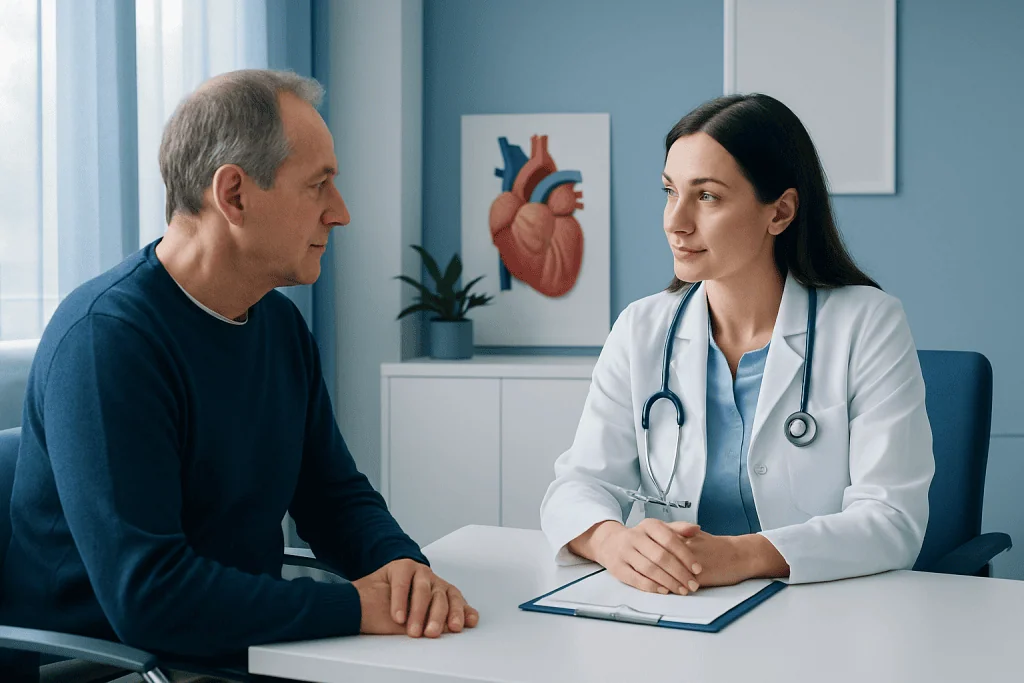 Doctor consulting with a patient in a hospital room with heart diagram on the wall.