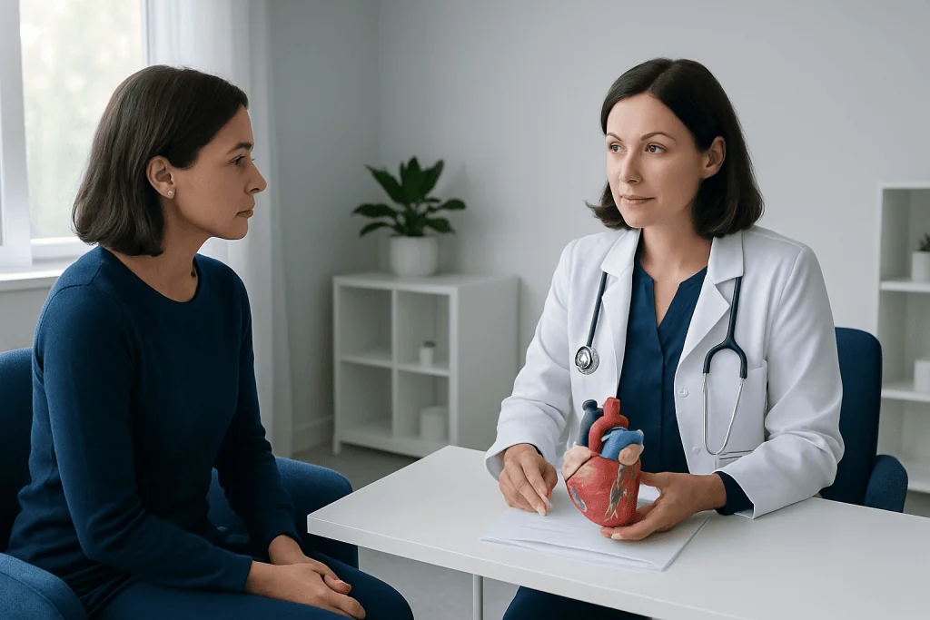 Doctor explaining heart valve issues to a patient in a consultation room.