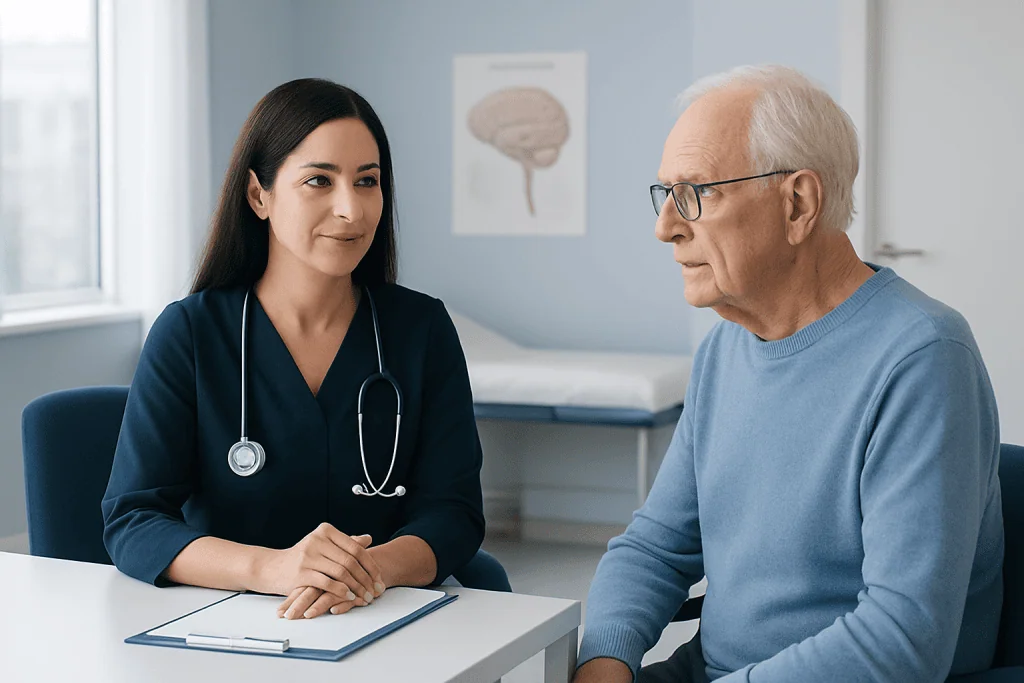 Geriatric neurology consultation at Acibadem Hospital with doctor and elderly patient.