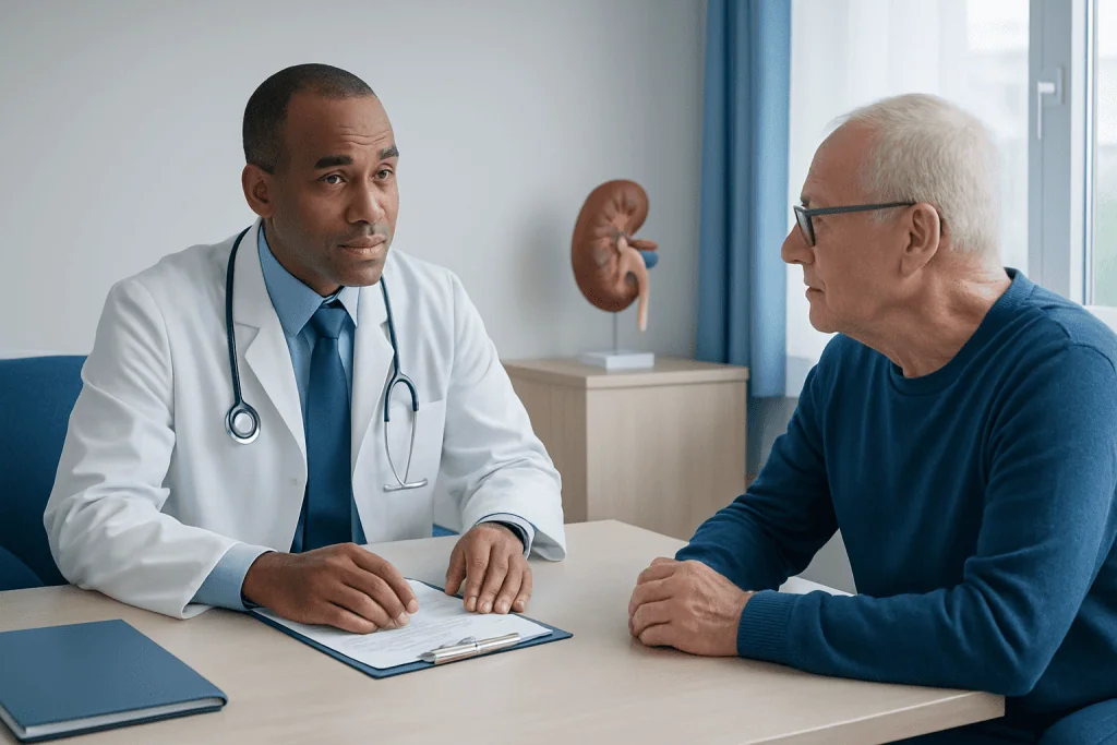 Doctor consulting with an elderly male patient in a medical office.