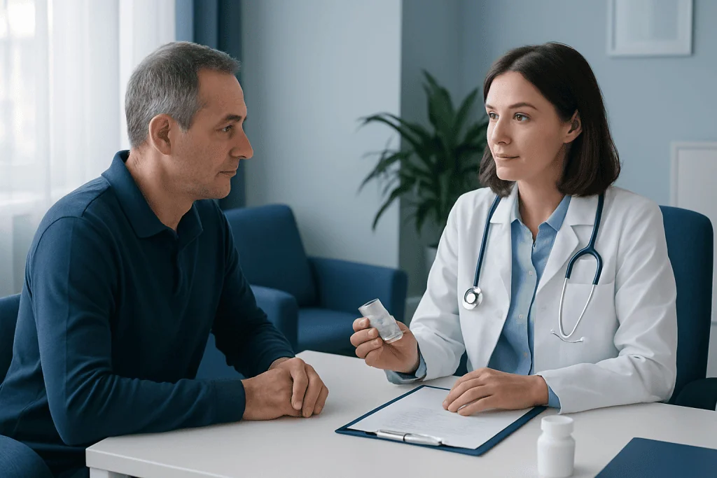 Doctor consulting with a patient in a medical office setting.