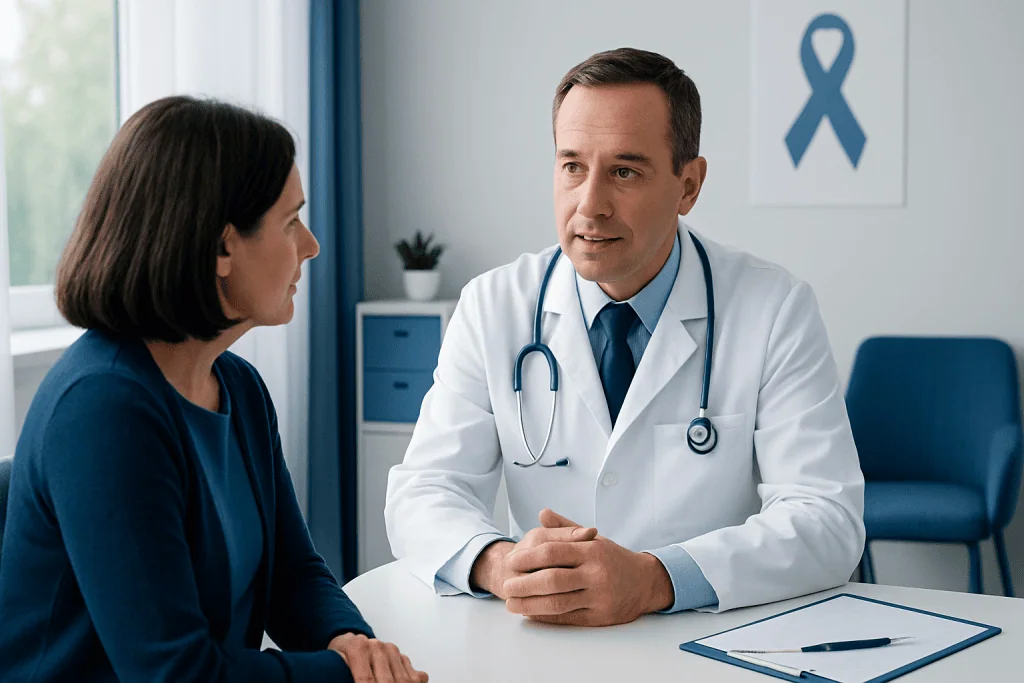 Oncologist consulting with a patient in a hospital setting.
