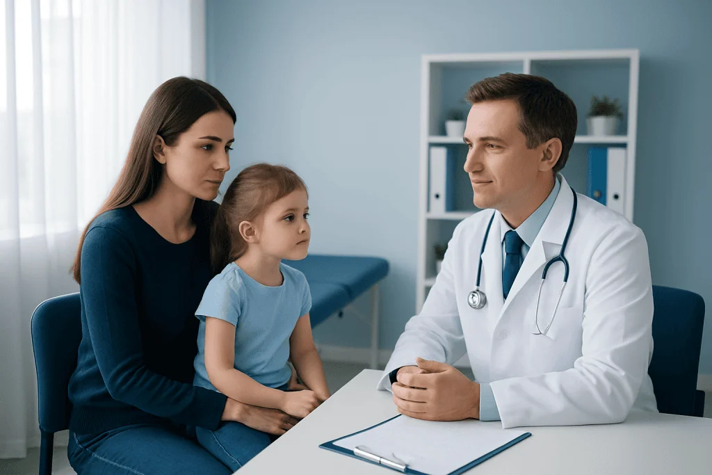 Pediatrician consulting with mother and daughter in a clinic.