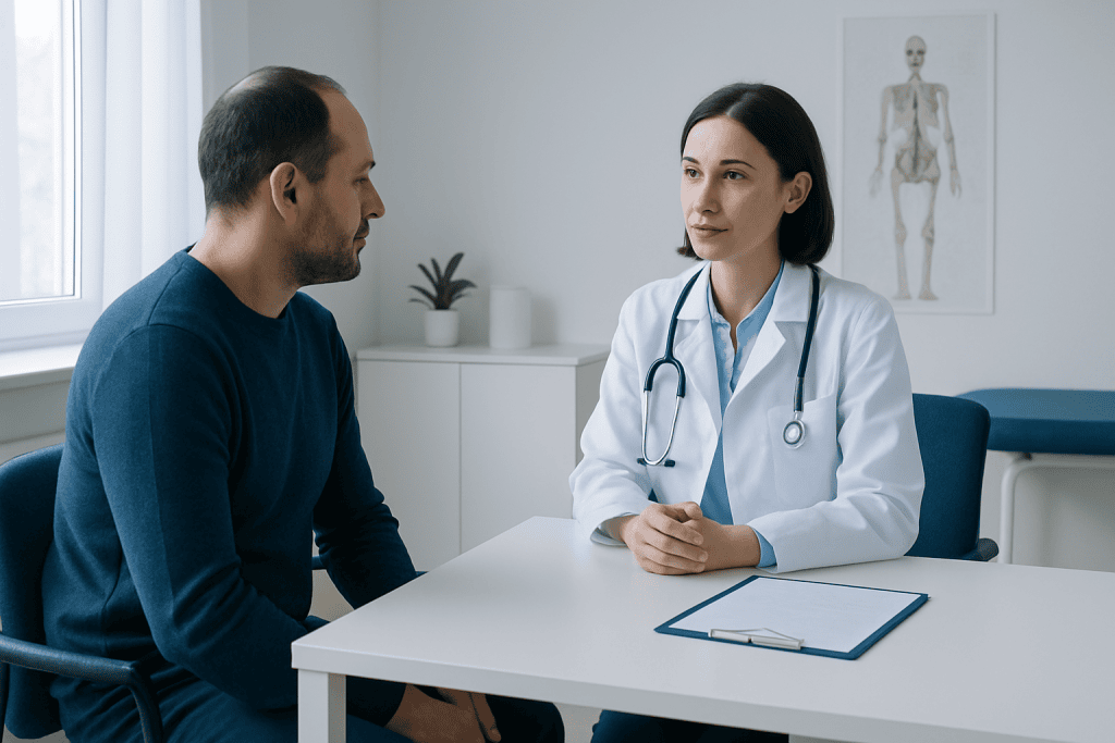 Doctor consulting with patient in a modern medical office setting.