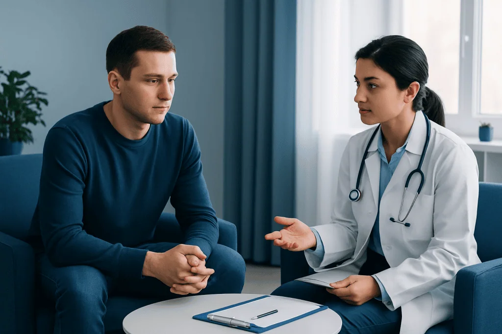 Doctor consulting with a patient during a mental health checkup.