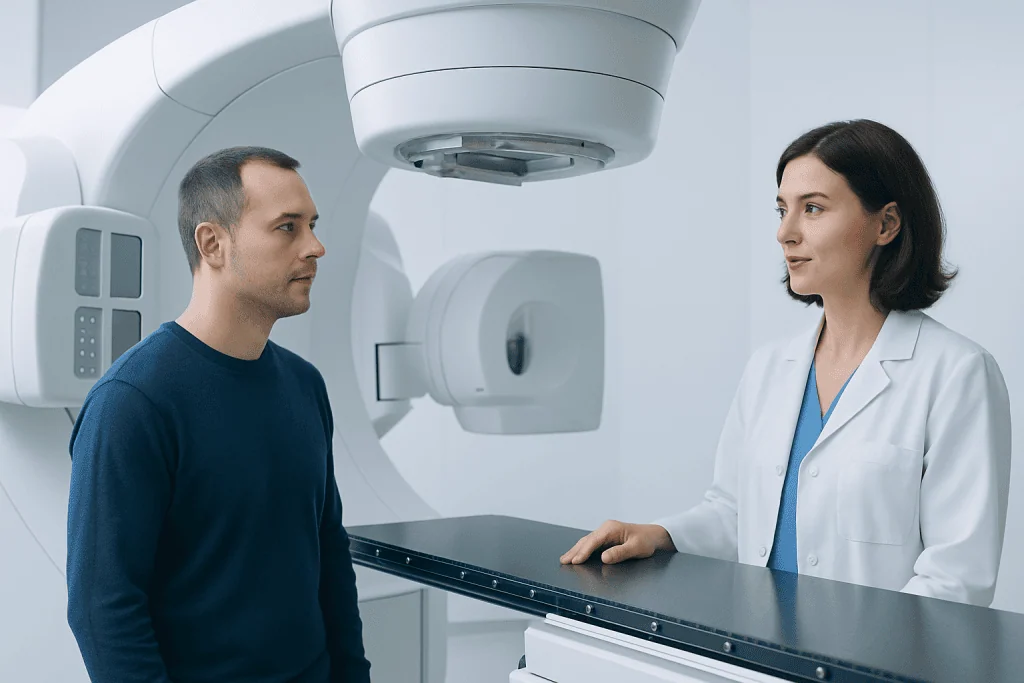 Patient and doctor discussing treatment options in a modern hospital setting.