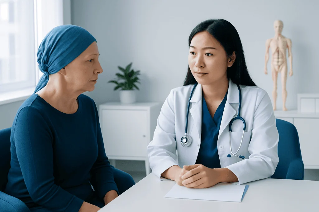 Doctor consulting a patient in a medical office with a human anatomy model in background.