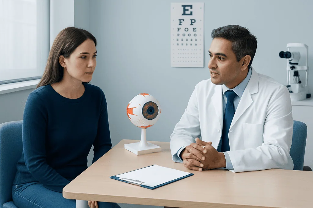 Ophthalmologist explains eye health to patient during consultation at clinic.
