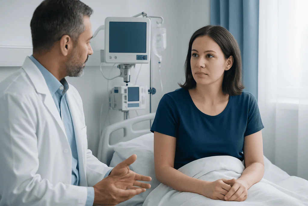 Doctor consulting with a patient in a hospital room.
