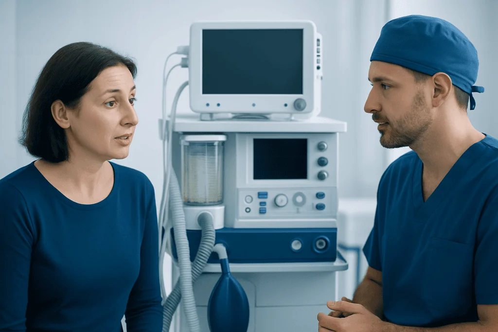 Doctor and patient discussing medical treatment in hospital room.