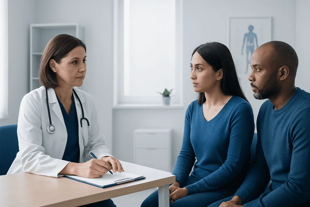 Doctor consulting with a patient and companion in a hospital setting.