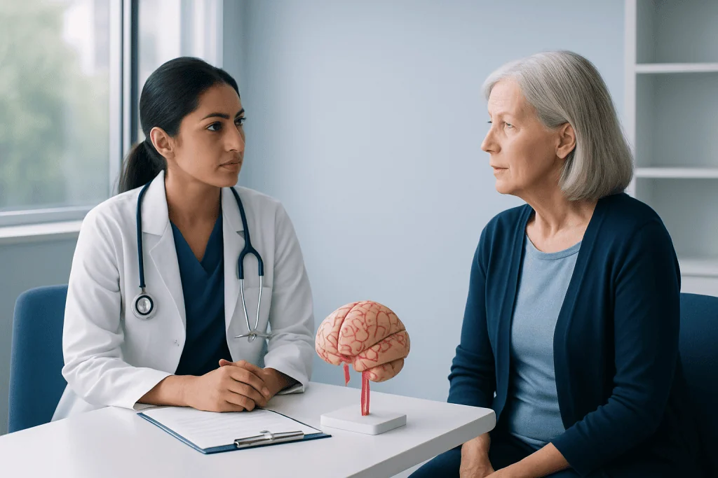 Doctor discussing brain aneurysm with elderly patient in consultation room.