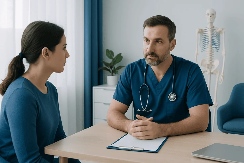 Doctor consulting a patient in a medical office with a skeleton model in the background.