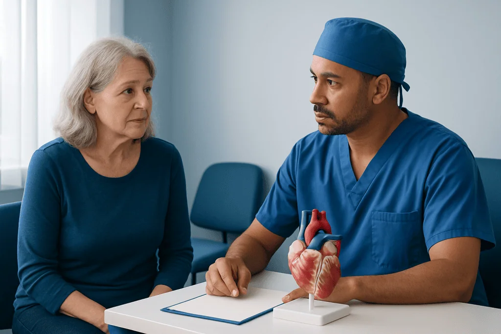 Cardiologist consulting an elderly woman about heart health and surgery options.