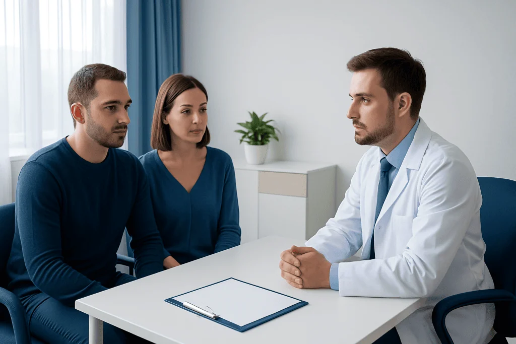 Doctor consulting with a couple in a medical office setting.