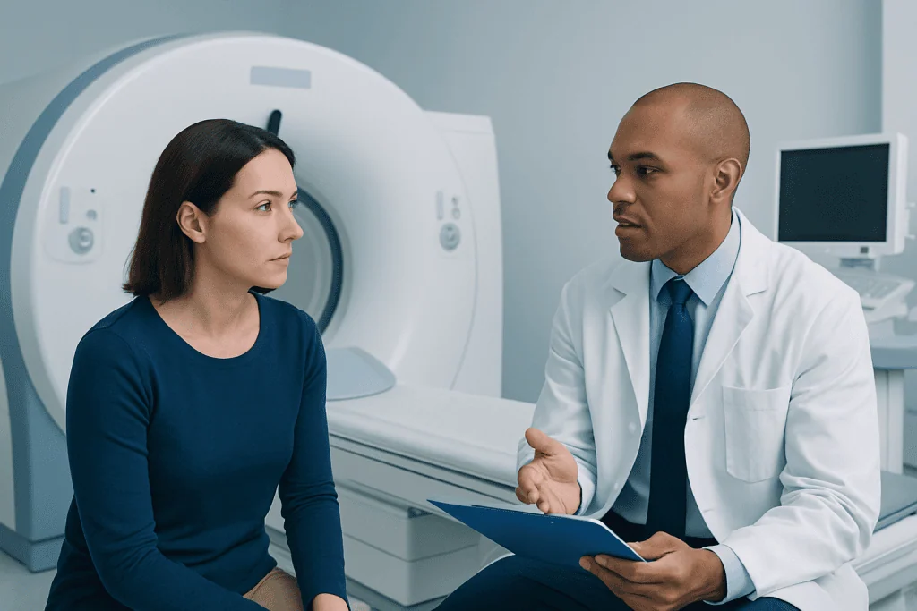 Doctor consulting with a patient in a medical imaging room at Acibadem Hospitals.