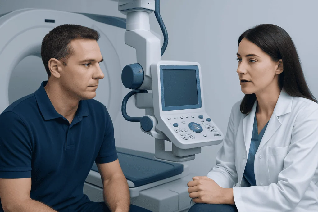 Doctor consulting with patient in medical imaging room at Acibadem Hospital.