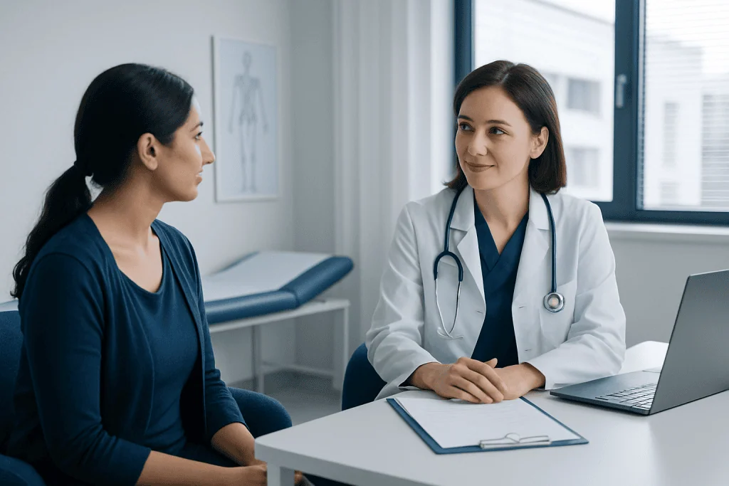 Doctor consulting patient in a modern hospital room.