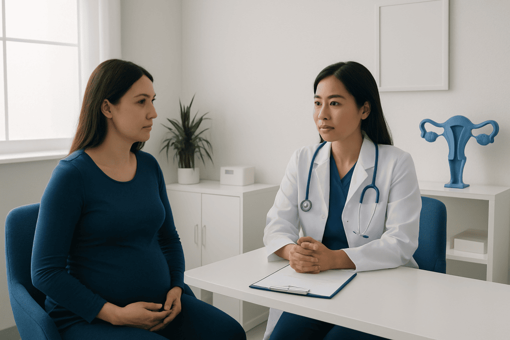 OB-GYN consultation at Acibadem Hospital with a female doctor and patient.
