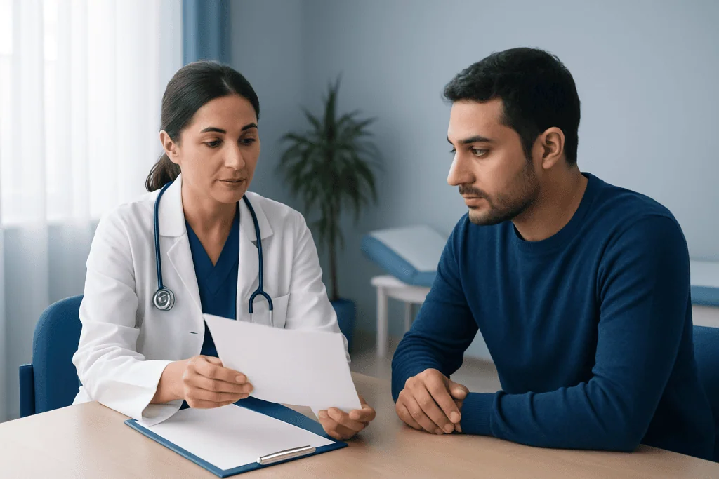 Doctor explaining medical test results to a patient in a clinic setting.