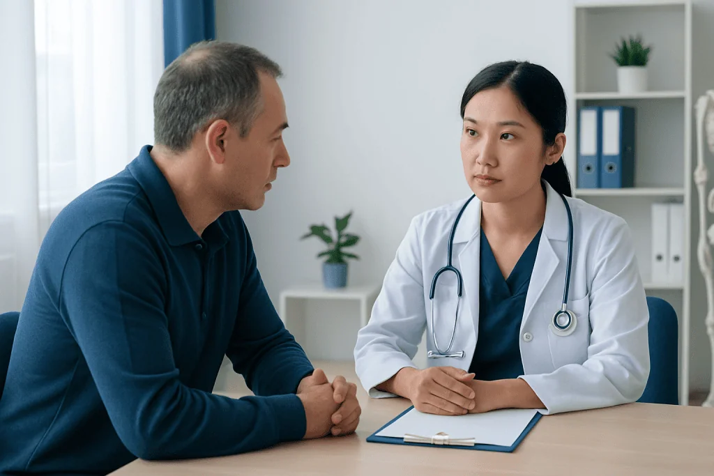 Doctor discussing treatment consent with patient in clinic setting.