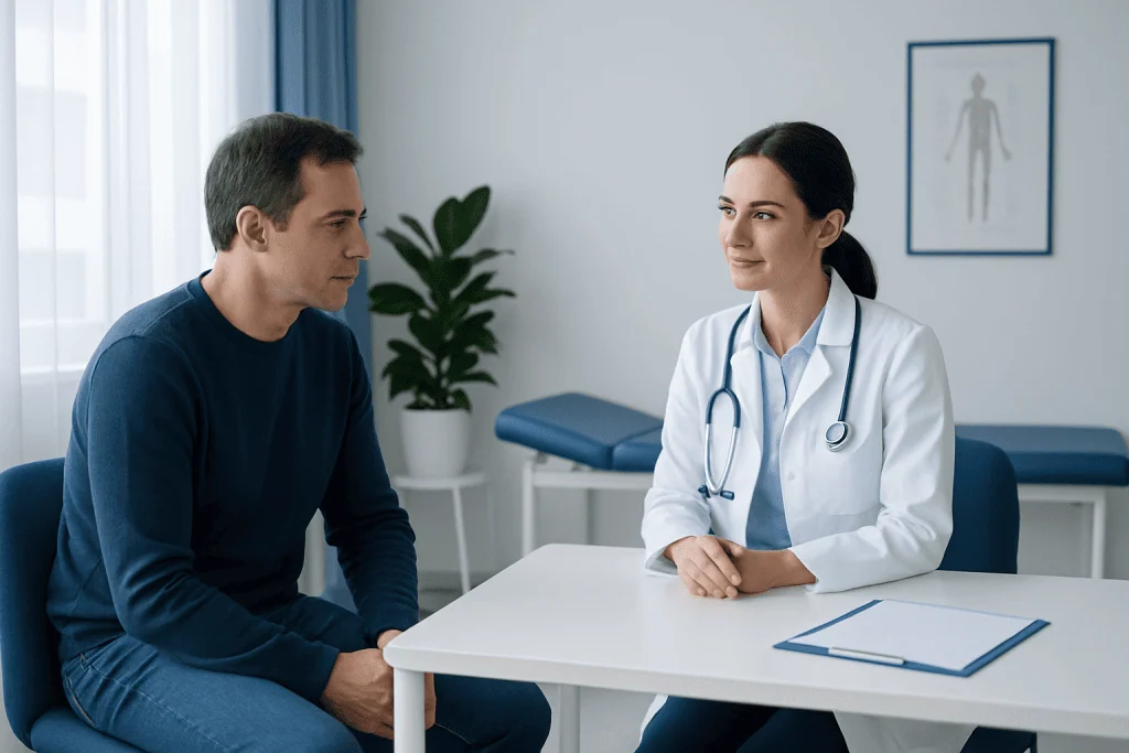 Doctor consulting with patient in a medical office setting.