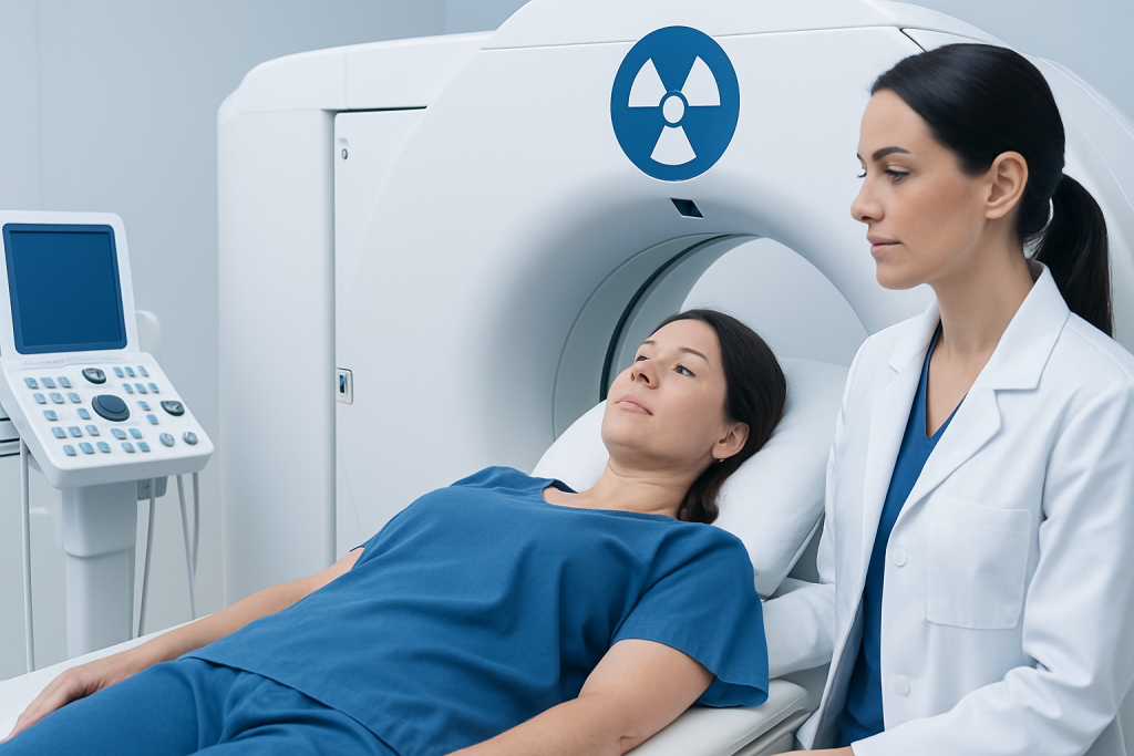 Patient undergoing a CT scan at Acibadem Hospital for thyroid cancer monitoring.