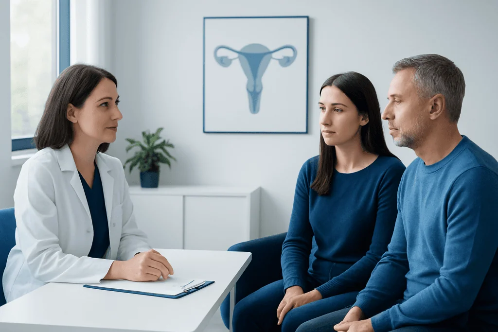 Fertility consultation with doctor and couple in clinic setting.