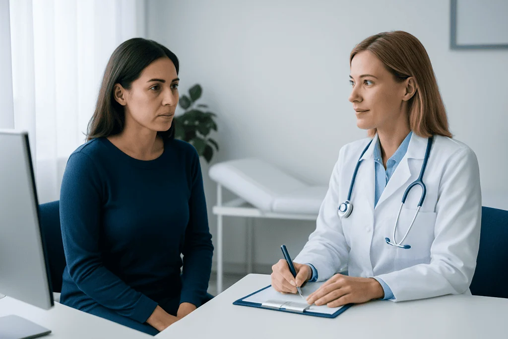Doctor consulting patient in a medical office setting.