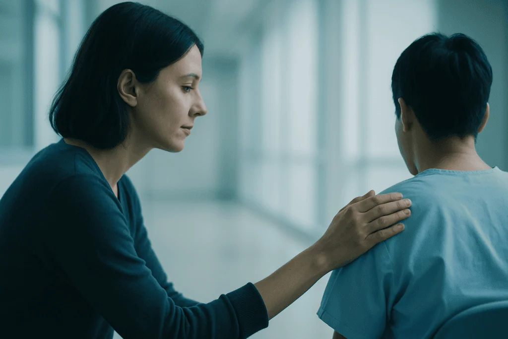 Recovery Expectations After Rhinoplasty Procedures Procedures 1 Compassionate healthcare professional comforting a patient in a hospital corridor.