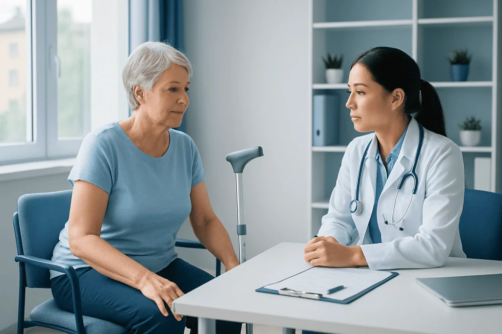 Doctor consulting with elderly woman in a medical office.