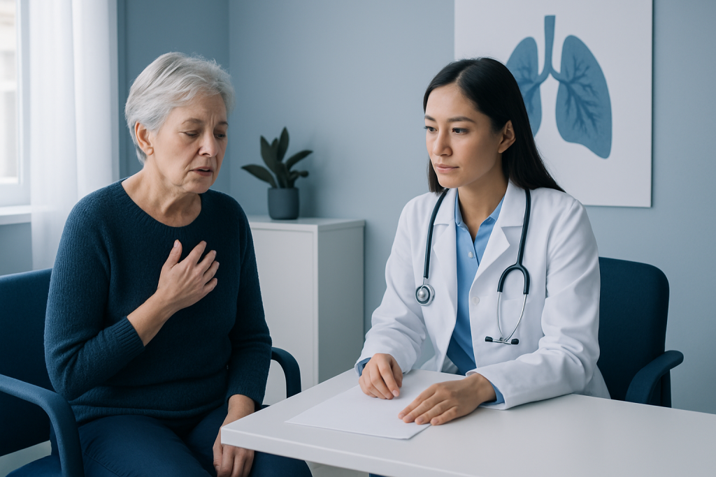 Doctor consulting with an elderly woman about lung health symptoms.