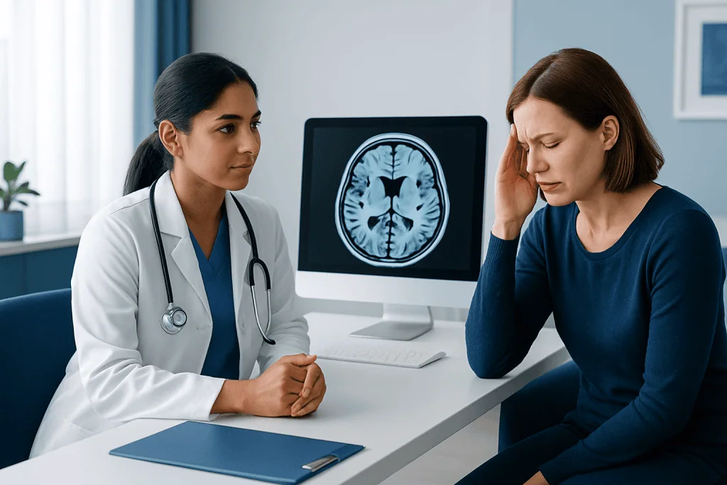 Doctor consulting a patient with brain MRI scan in the background.
