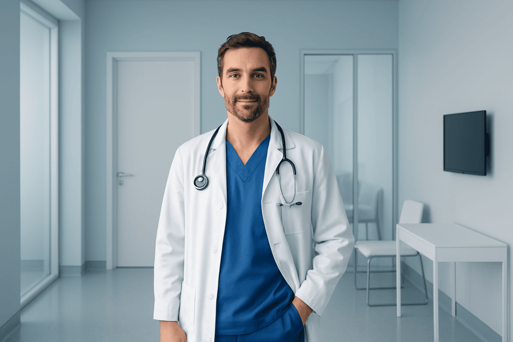 Regional Slimming and Cellulite Treatment 1 Doctor in a modern hospital corridor with stethoscope and white coat.