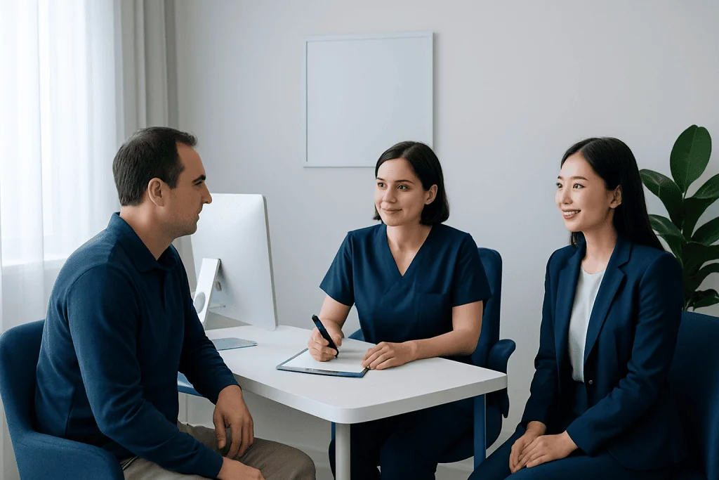 Doctor consulting with two female patients in a modern clinic setting.