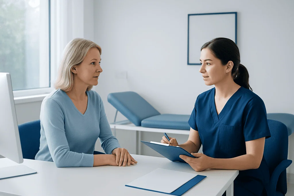 Patient consulting with nurse on admission day at Acibadem Hospital.
